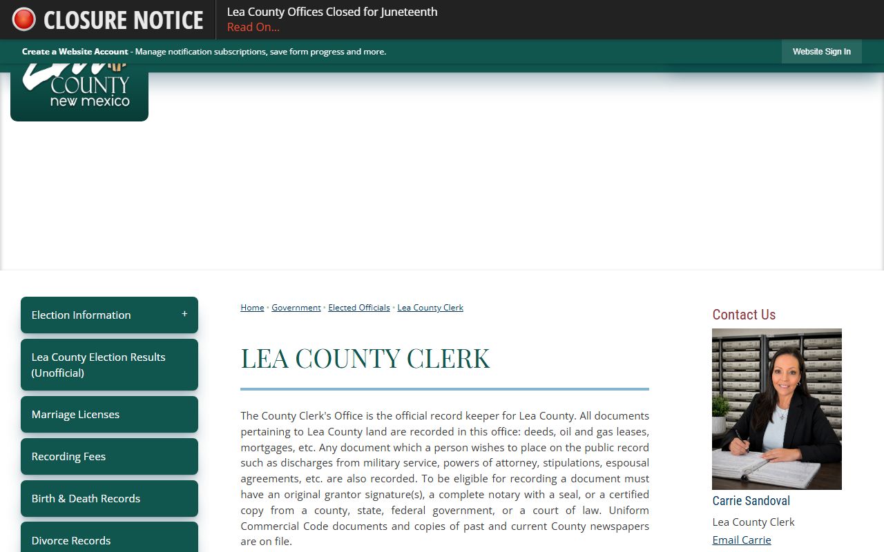Lea County Clerk of Court records and County Clerk duties page