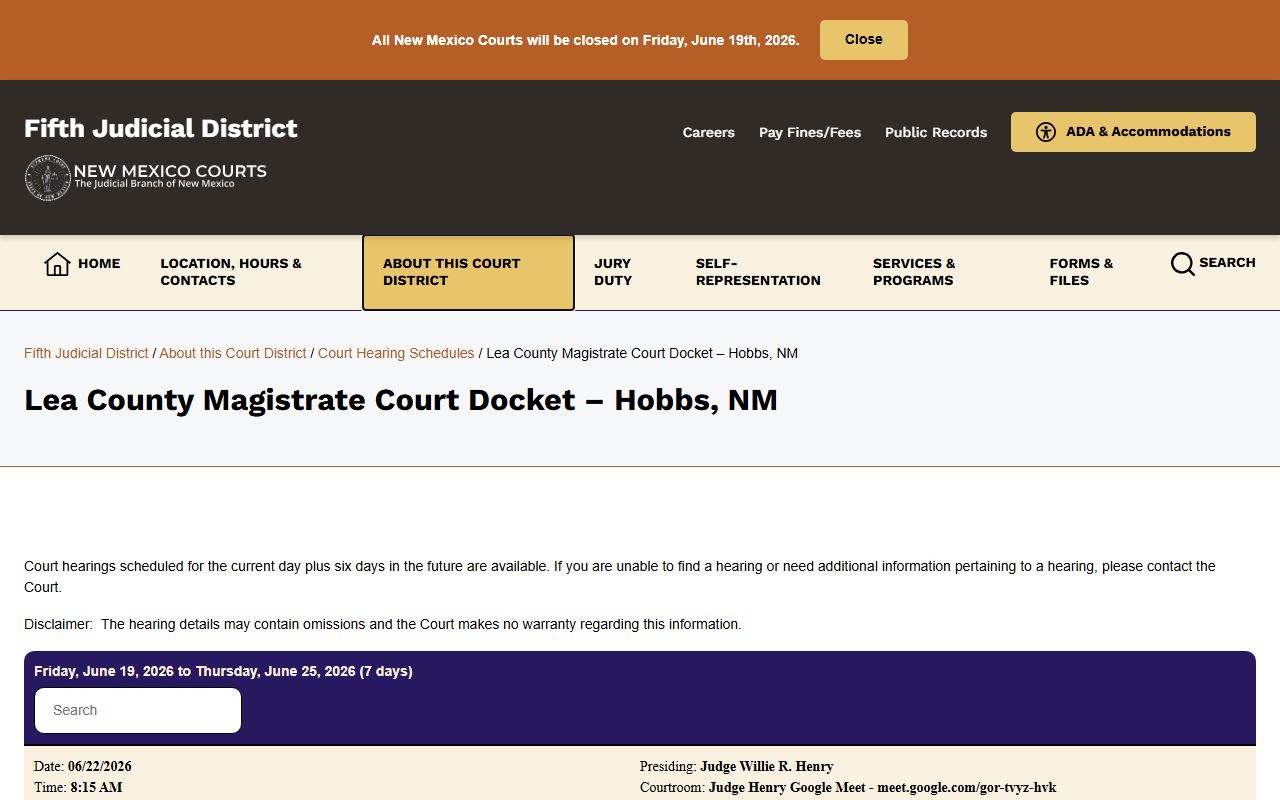 Lea County court dockets Hobbs Magistrate Court schedule