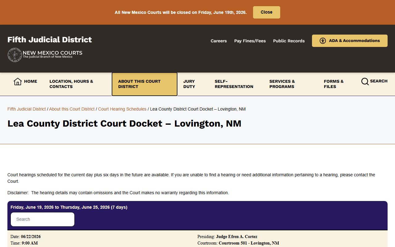 Lea County court dockets District Court Lovington schedule