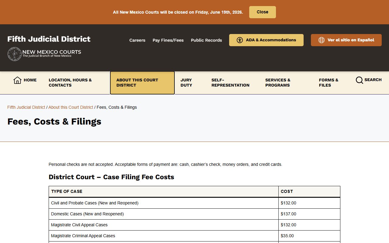 Lea County District Court records fees and filing costs