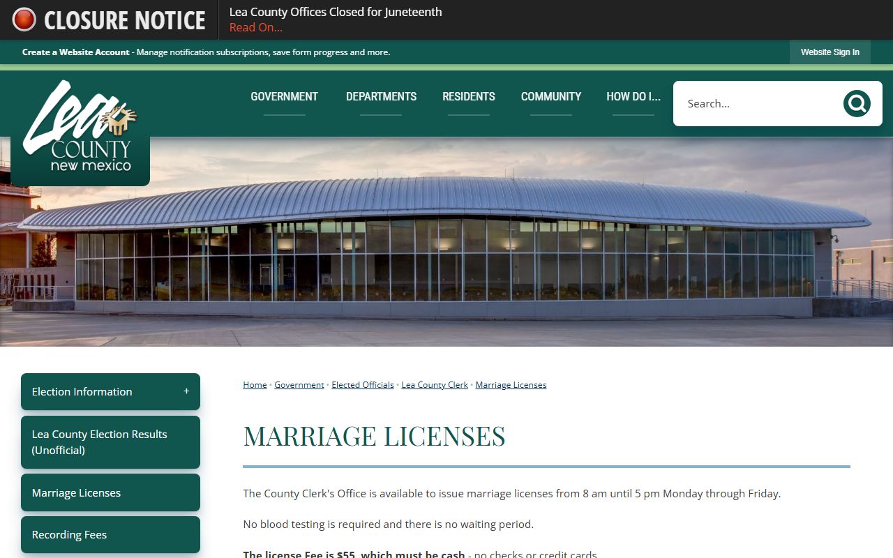 Lea County marriage records license page